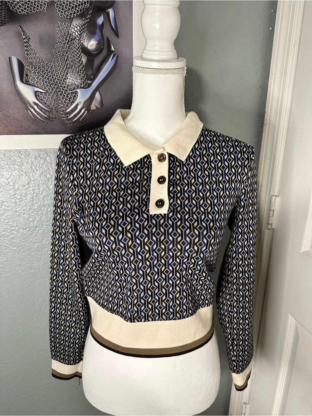 Zara Navy, Cream & Brown Patterned Polo Sweater